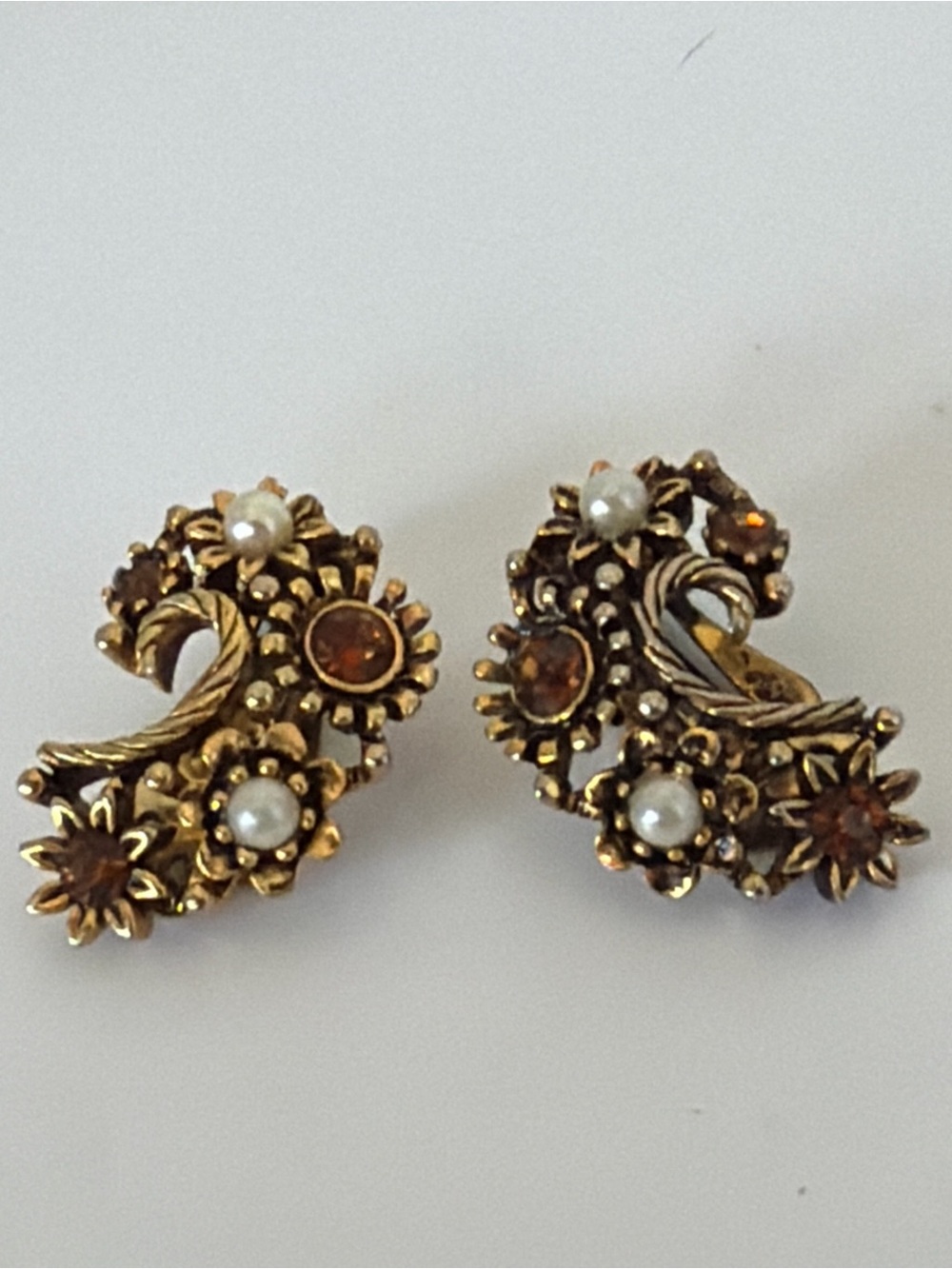 Lisner Gold Tone Floral Clip Earrings with Faux Pearls and Amber Crystals